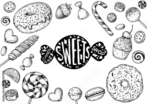 Set of sweets. Isolated on white background. Hand drawn vector illustration. Black and white candies set. Vector illustration in sketch style.