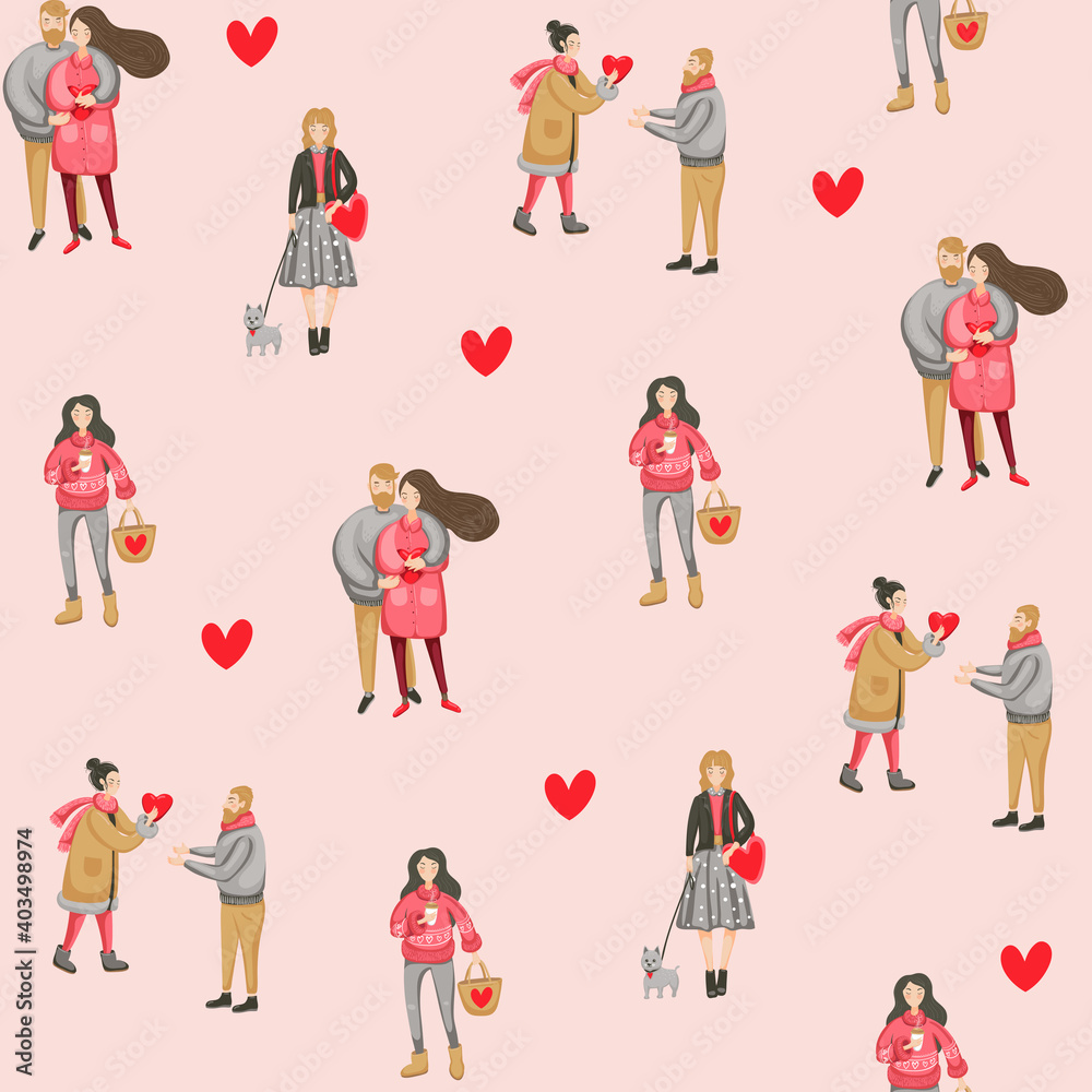 Valentines day seamless pattern with peoples and hearts. Modern design for Valentines day, wallpeper, sticker, skrapbooking, birthday design, diary or planner, wrapping paper, fabric. Vector EPS 10.