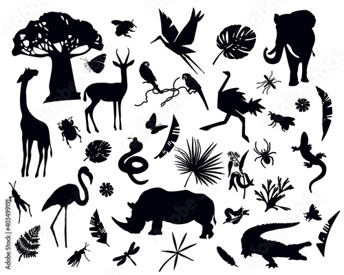 Silhouette of various wild animals of Africa. illustration with animal collection isolated on white background