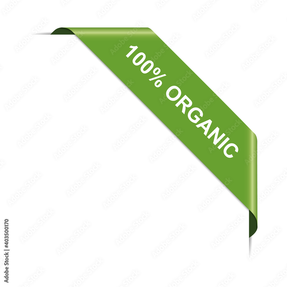 green corner banner with text 100% ORGANIC isolated on white background green corner banner with text 100% ORGANIC isolated on white background