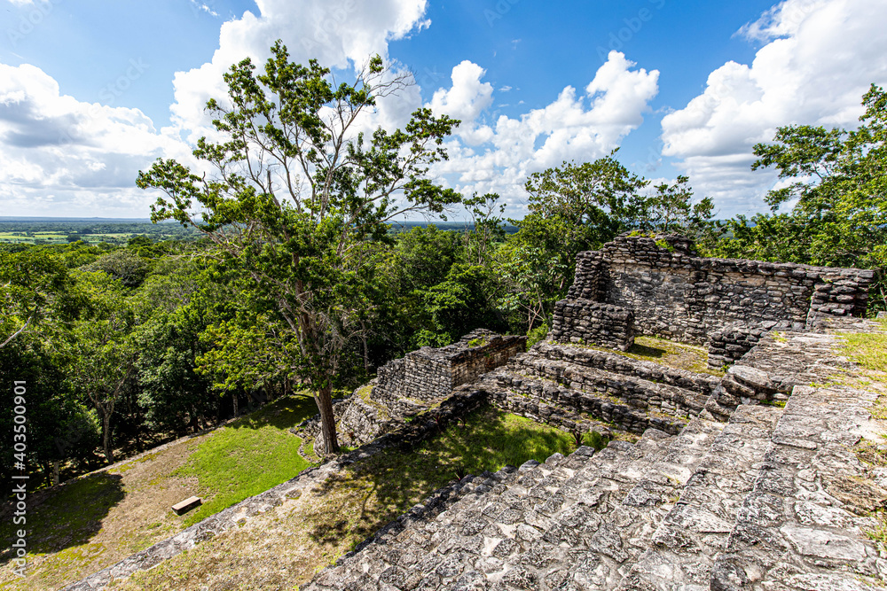 Ancient pyramids at Dzibanche ancient Maya archaeological site, Quintana Roo, Yucatan Peninsula, Mexico.