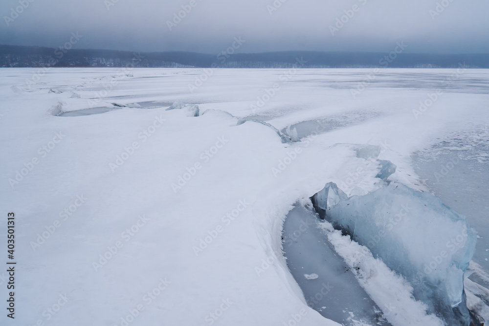 Frozen surface of the Voronezh reservoir in winter