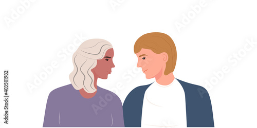 Baner of a romantic multiracial couple of man and woman who love each other. vector illustration in flat style for Valentine's Day. The concept of love and equality of races and genders. Family values