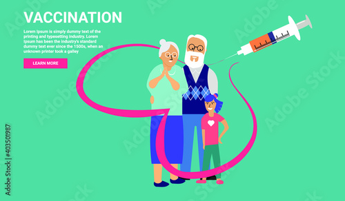Family Vaccination concept design. Time to vaccinate banner - syringe with vaccine for COVID-19, flu or influenza and a family