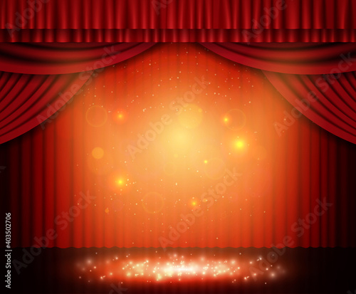 Background with red curtain and spotlights. Design for presentation, concert, show