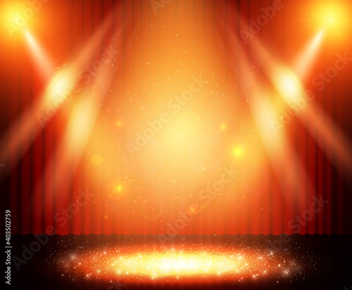 Background with red curtain and spotlights. Design for presentation, concert, show