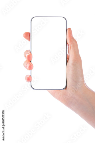 Young girl hands holding black smartphone on white