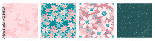Collage contemporary floral and dot shapes seamless pattern set. Modern anemone pattern design for paper, cover, fabric, interior decor and other.