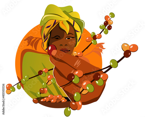 African woman harvests coffee from a branch. Coffee farm. A beautiful yellow turban. Vector illustration flat design.