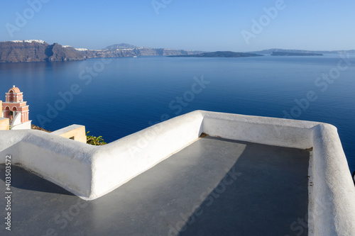 Terrace overlooking the caldera in the village of Oia in Santorini, Cyclades, Greece
