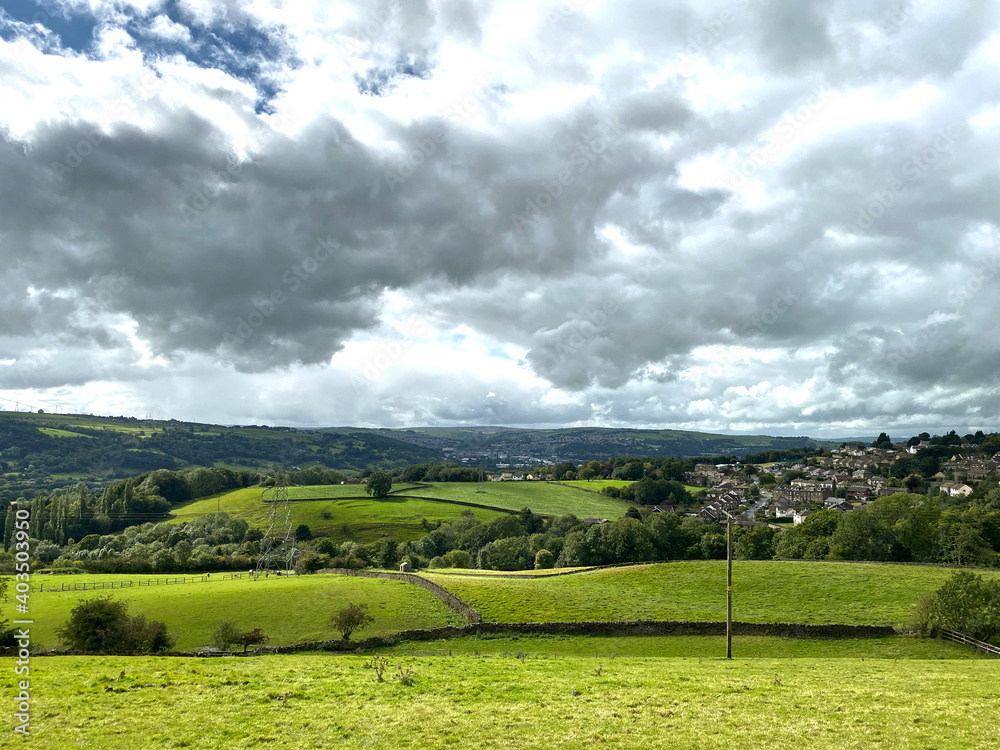 Landscape view from, Carr Lane, with fields, houses, and meadows, on a cloudy day in, East Morton, Keighley, UK Landscape view from, Carr Lane, with fields, houses, and meadows, on a cloudy day in, East Morton, Keighley, UK