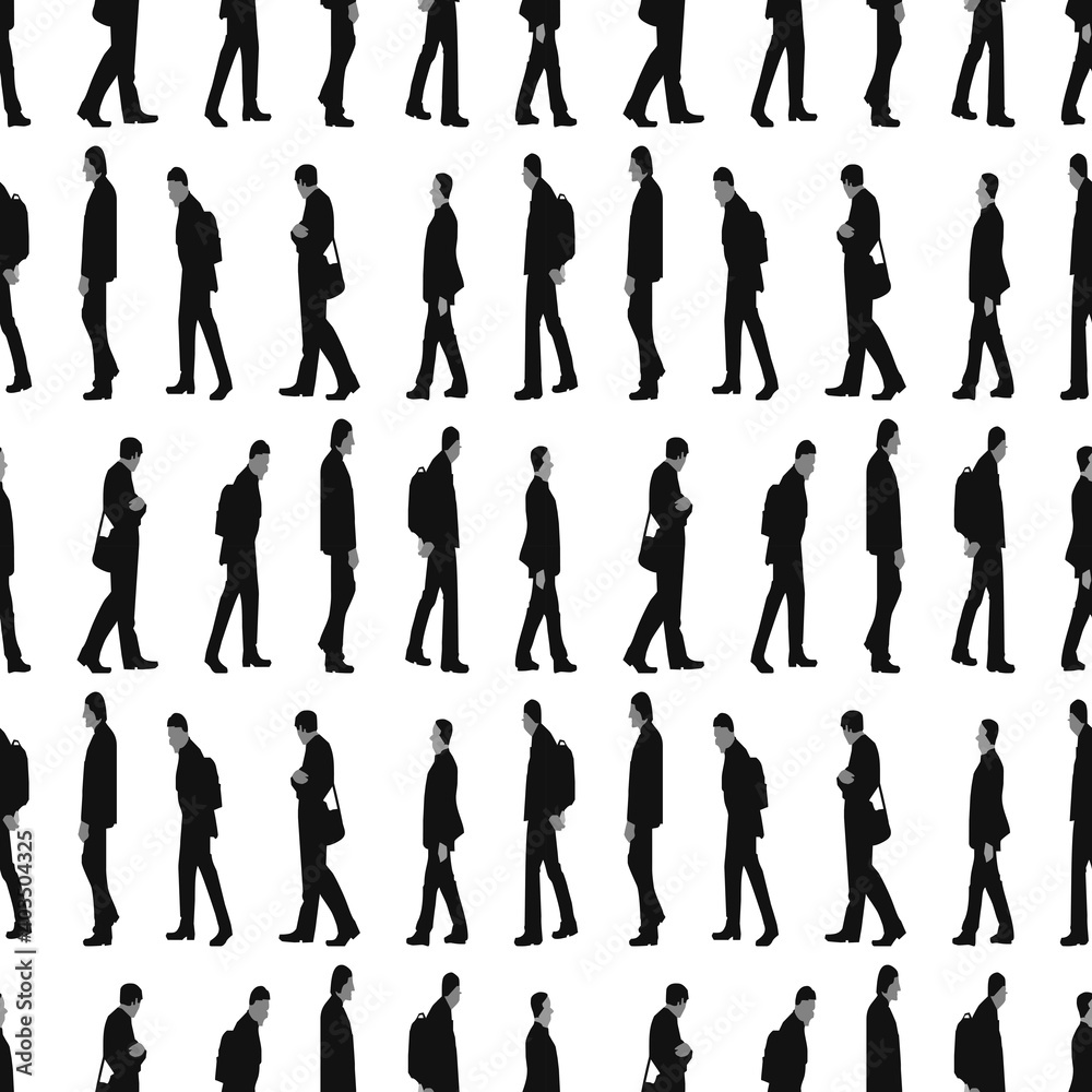 Seamless background of silhouettes various walking men in rows