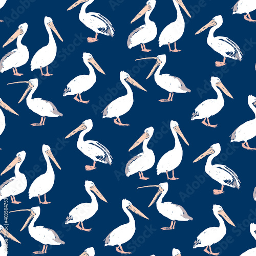 Seamless pattern of flock drawn white pelicans