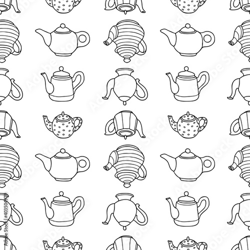 Seamless pattern of outlines various ceramics teapots