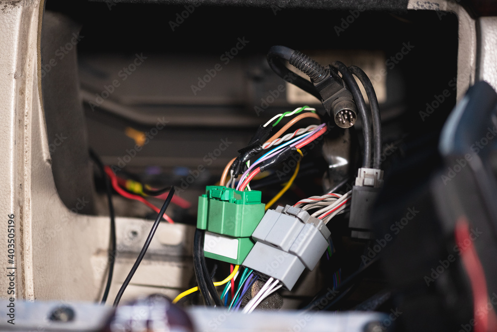 Car audio wiring close up abstract background. - obrazy, fototapety, plakaty 