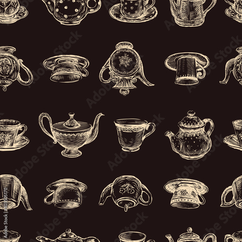 Seamless pattern of sketches various teapots and tea cups