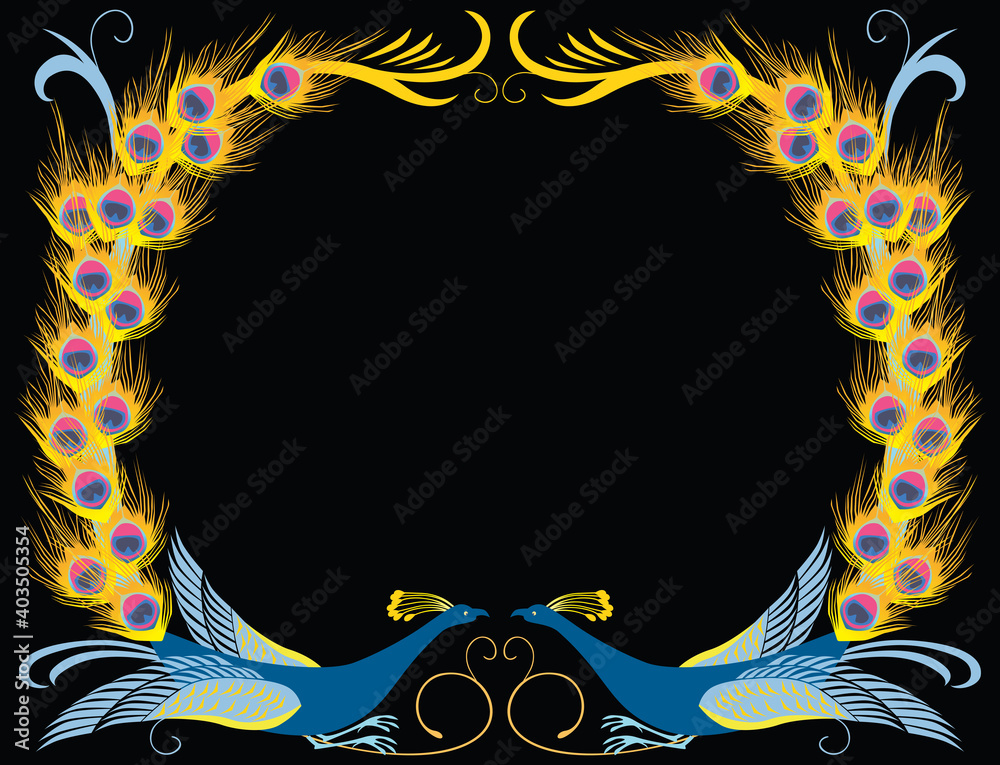 Vector card with frame from two decorative peacocks