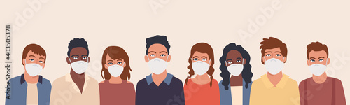 Group of men and women in a protective mask. Collection of female and male characters following recommendations for the prevention of coronavirus, flu, air pollution, contaminated air, world pollution