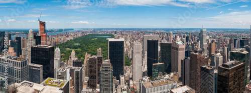 Panoramic view of the New York City skyline from the top of Rockefeller Plaza facing toward the world famous Central Park