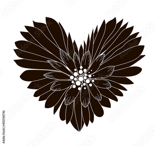 Valentine's Day. Postcard. Heart of black color in the form of a chamomile. Stock vector illustration in flat style isolated on white background.