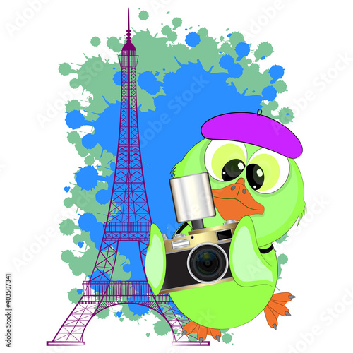 Eiffel tower and photographer duckling. Vector illustration.