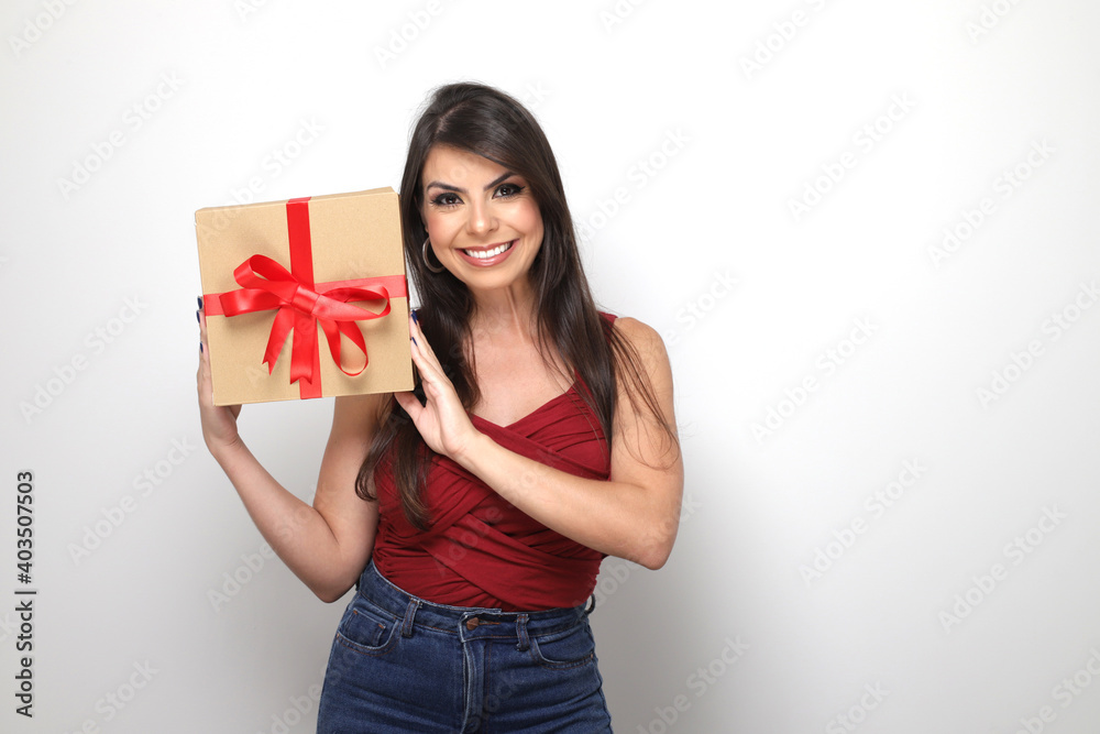 beautiful girl holding valentine's gift on white background beautiful girl holding valentine's gift on white background