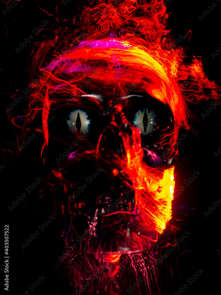 Fototapeta premium Lightpainting. Human skull on a black background. Colored illumination of the skull. long exposure photo.
