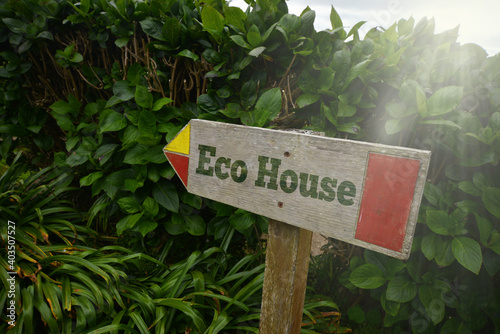 vintage old wooden signboard with text eco house near the green plants.