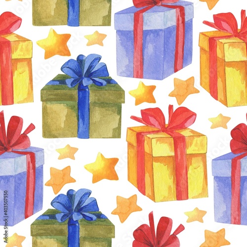 Seamless pattern, watercolor illustration, gift boxes, ornament for wallpaper and fabric