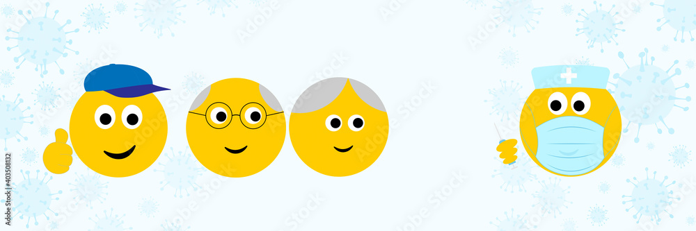 thumbs up and Senior emoji getting vaccinated by medical emoji in face mask with vaccine in syringe, flu covid 19 medical vaccination concept banner heading copy space