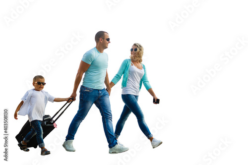  Family with suitcases, isolated on white