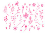 Valentines day decorations. Watercolor hand drawn pink hearts, flowers, branches, can be used as print, postcard, stickers, labels,greeting cards, invitations, textile, packaging, wrapping, tattoo.
