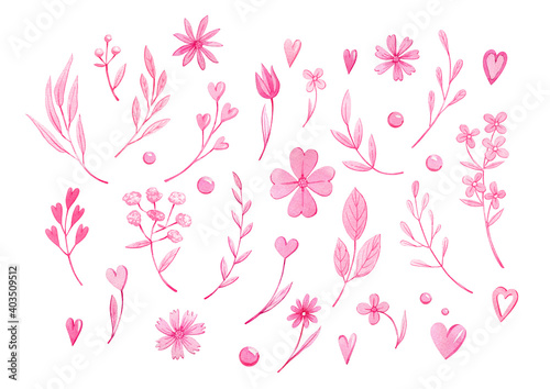 Valentines day decorations. Watercolor hand drawn pink hearts, flowers, branches, can be used as print, postcard, stickers, labels,greeting cards, invitations, textile, packaging, wrapping, tattoo. © daria