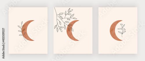Moon with leaves wall art print. Boho mid century design posters