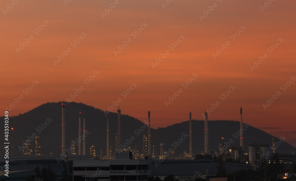 View of the oil refinery at twilight.