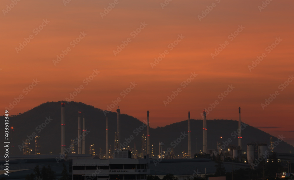 View of the oil refinery at twilight. View of the oil refinery at twilight.