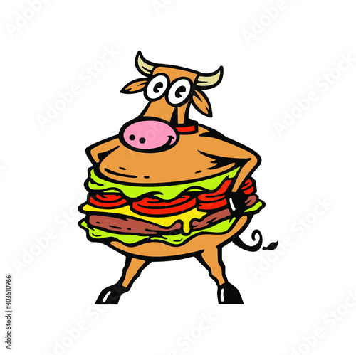 mascot cow with burger combination. beef burger vector illustration