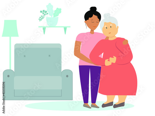 
An elderly sick woman is supported by a caring assistant. Helping lonely old people, parents. Vector graphics