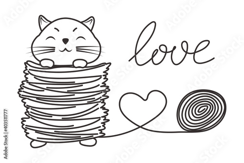 The cute cat entangled with a ball of woolen thread. Hand drawn vector doodle illustration. Black and white outline. Designe for greetings cards, invitations, coloring book page