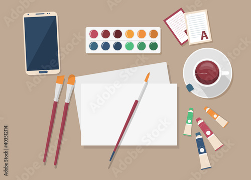 Artist s set. Top view vector illustration of artist s workplace. Oil paint, watercolors, canvas and brushes, cup of tea.