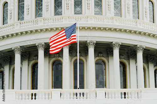 American flag on the background of the Capitol