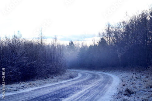 road in snow at the forest