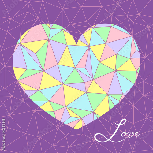 Vector triangle mosaic texture in pastel colors. Heart silhouette symbol frame. Pattern invitation, greeting card template. Geometry wire pattern.