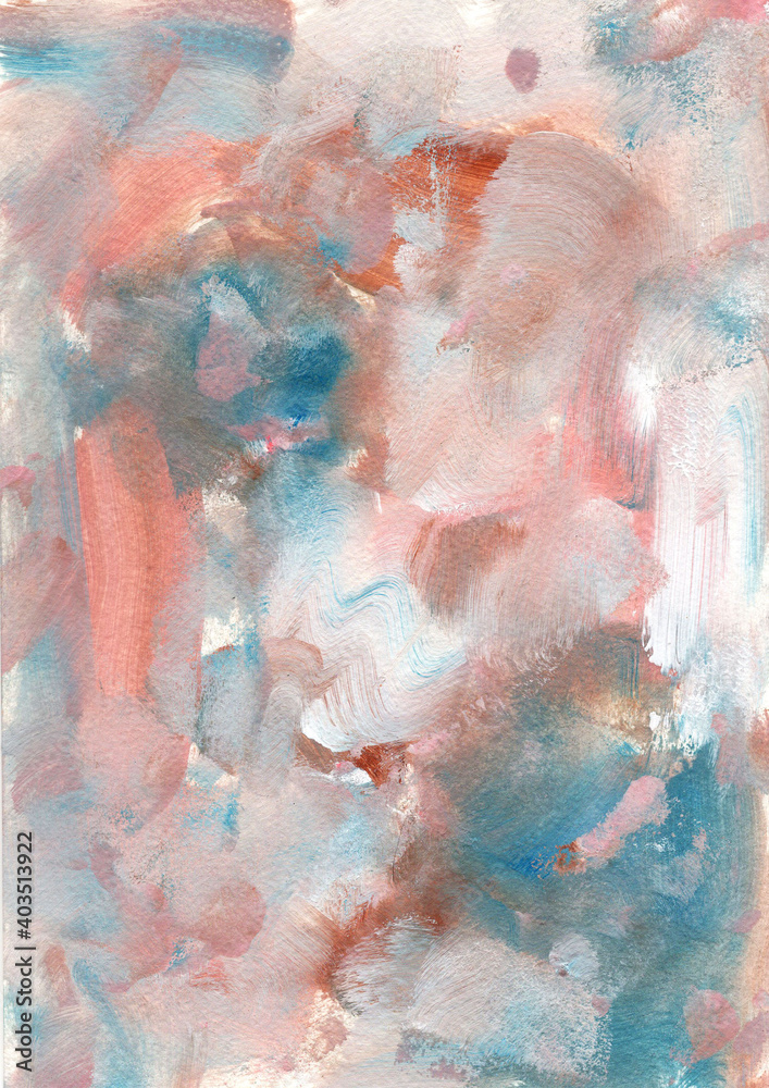 Watercolor illustration of acrylic abstract background with blue, white, beige and pink colors. Brush strokes. Acrylic an illustration for postcards, posters and others souvenirs.