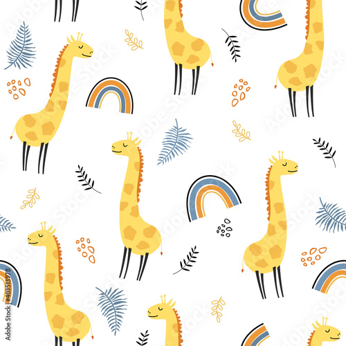 Cute seamless pattern with giraffe in scandinavian cartoon style