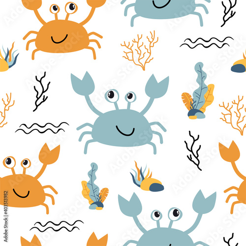 Seamless childish pattern with cute crab in cartoon scandinavian style