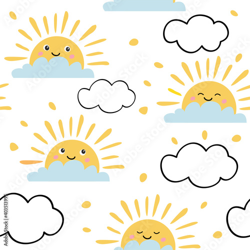Cute seamless pattern with sun and clouds in cartoon style