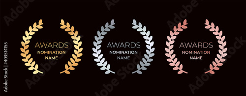 Awards logotype design. Set of elegant abstract gold, silver, rose gold emblem. First place symbol. Luxurious congratulating framed template. Celebrating decorative traditional stained glass greetings
