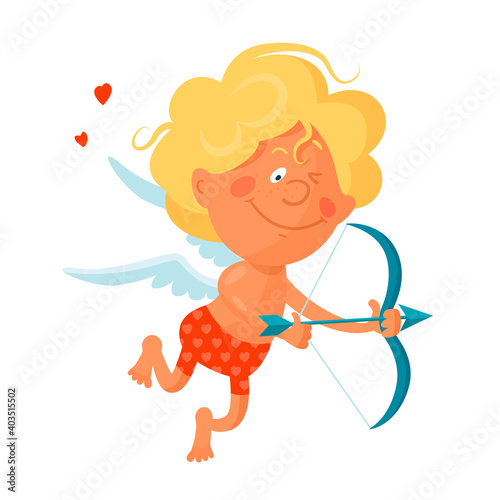 Cute funny cupid in red panties shoots a bow. Cartoon vector illustration isolated on white background
