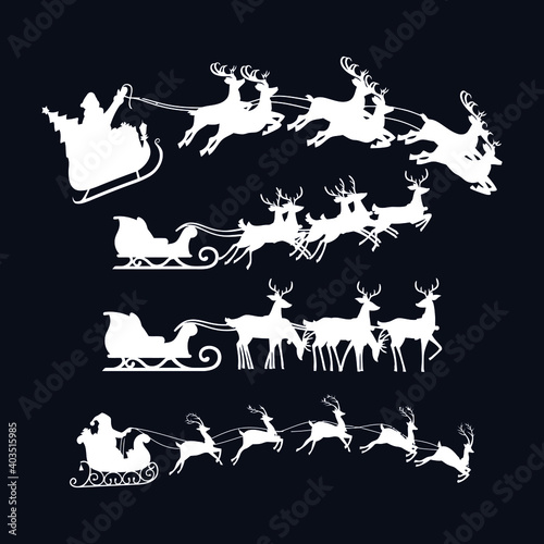 Santa Claus in the sky in the winter season.Merry Christmas and Happy New Year. paper art design. Santa Claus silhouettes. Vector illustration of Santa Claus Driving in a Sledge